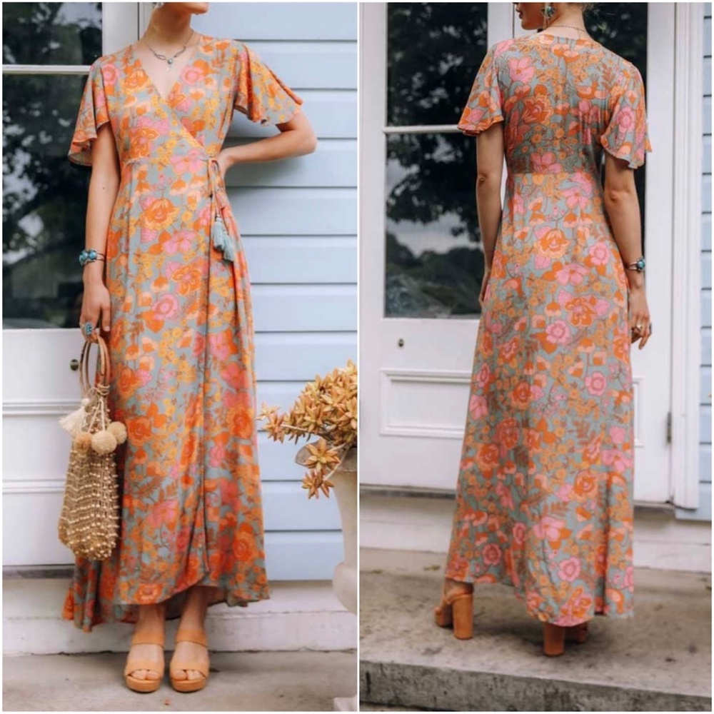 Boho Floral Print Butterfly Sleeve Wrap Maxi Dress - Picture 2 of 7